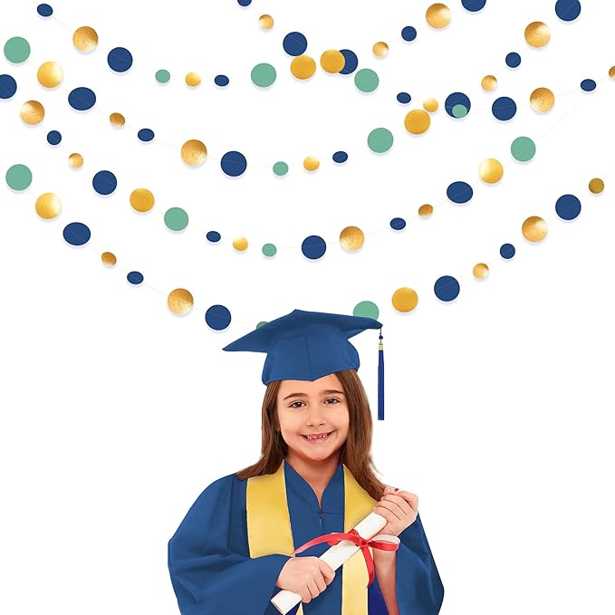 Blue Gold Green Decorations Circle Dots Garland Metallic Gold Navy Blue with Sage Green Hanging Polka Dot Streamer for Birthday Baby Shower Bridal Shower Wedding Bachelorette Engagement Party Supplies
