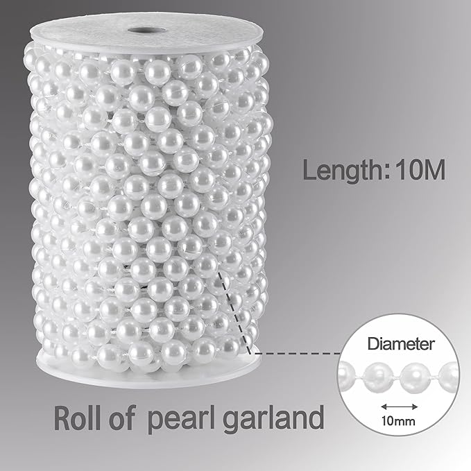 Craft String Pearls 10MM Pearl Bead, 33 Feet White Faux Pearl Garland Spool Roll Strand Wedding Party Decoration, Christmas Tree Decorations