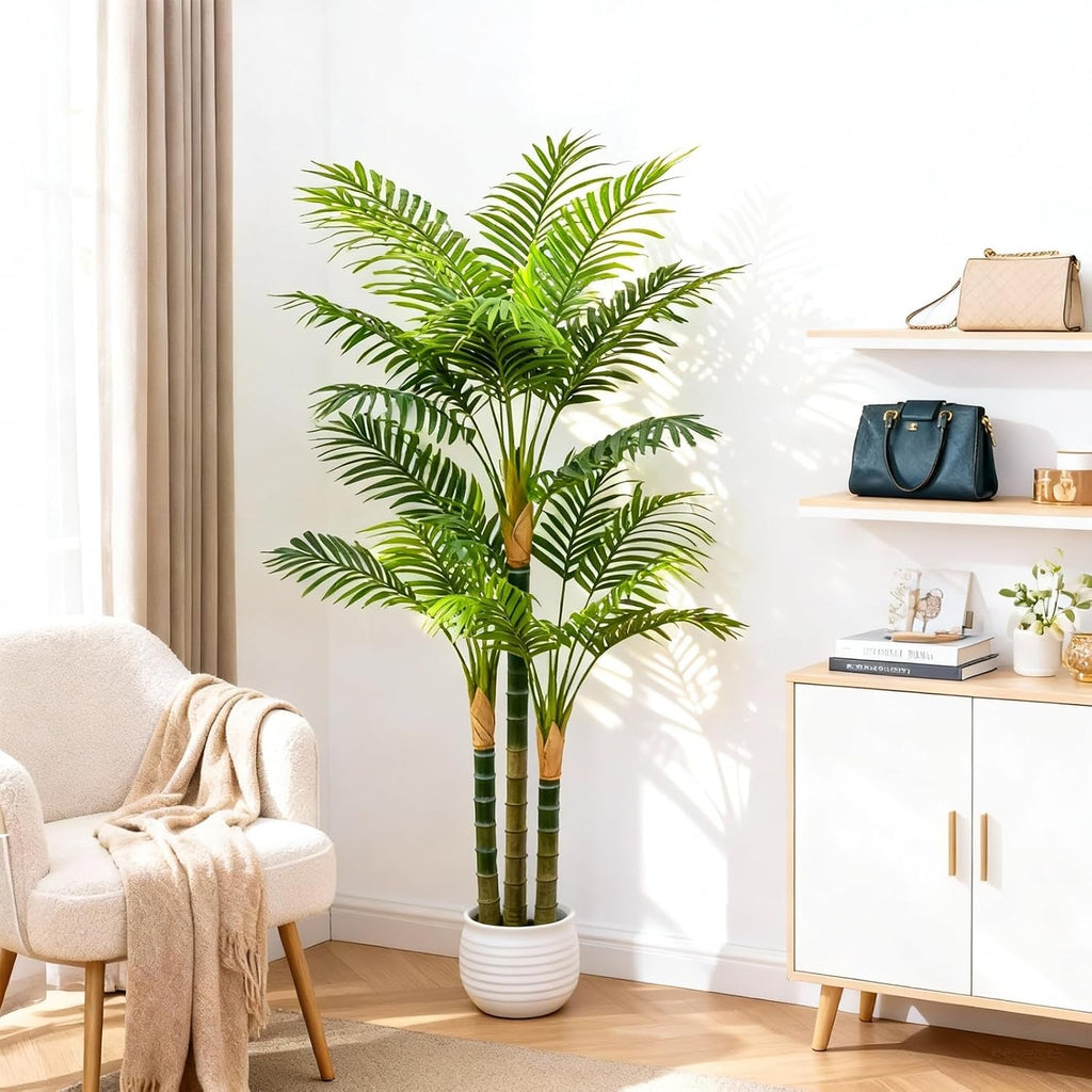 6ft tall golden cane artificial palm tree, large, close-up detail