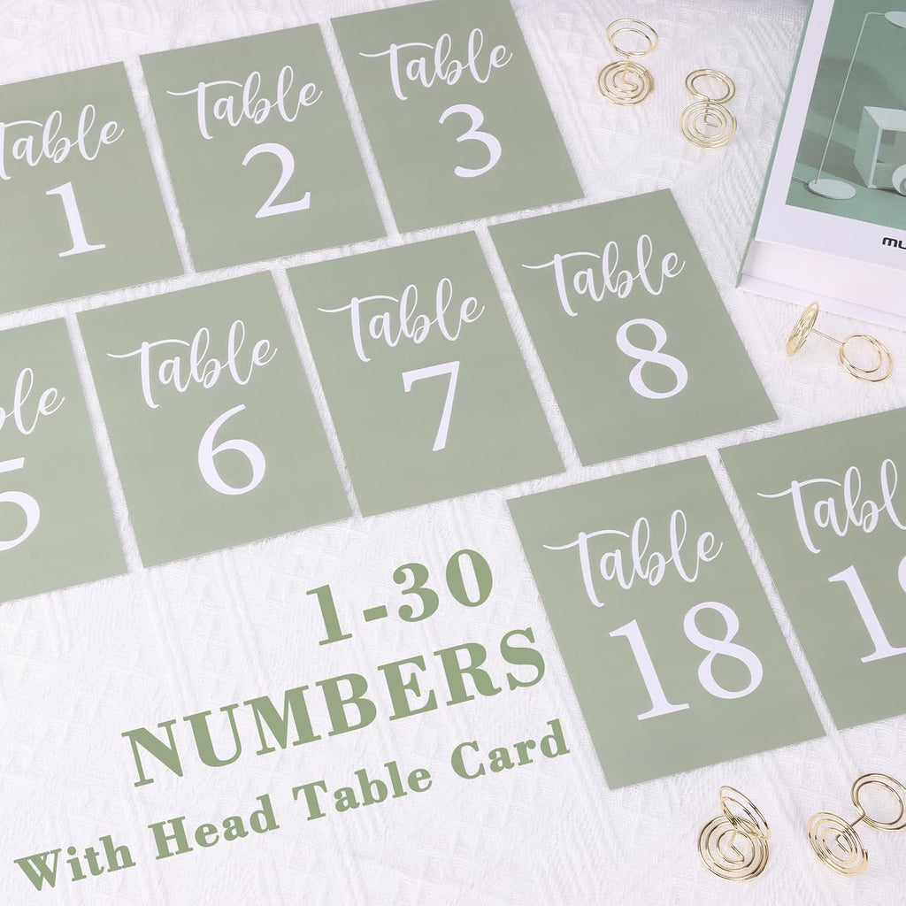 Table Numbers Cards 1-30 Wedding Table Numbers with Holder Table Number Stands Bulk Wedding Table Signs Sage Green with Head Table Card for Bridal Shower Wedding Anniversary Birthday (Sage Green)