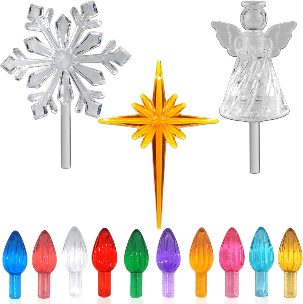 110Pcs in 10 Colors Ceramic Christmas Tree Replacement Bulbs - Plastic Lights Pegs, Included Angel Topper＆Snowflake Top＆Cross Stars.