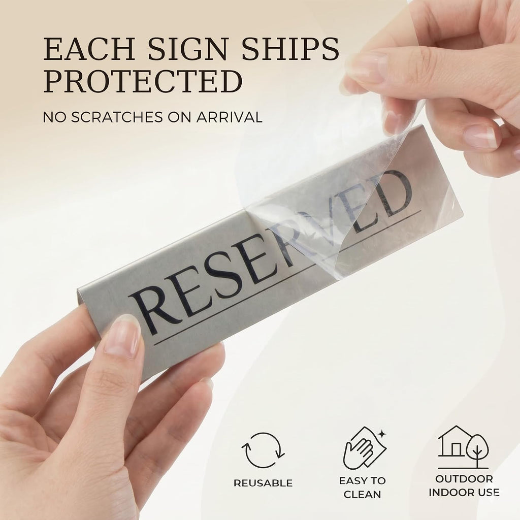 Reserved Table Signs Set of 6 | Raised Black Letters, Brushed Stainless Steel, Reusable Double-Sided | Reserved Seating Signs for Weddings, Restaurants, Church Pews, Events | 6×1.6 in
