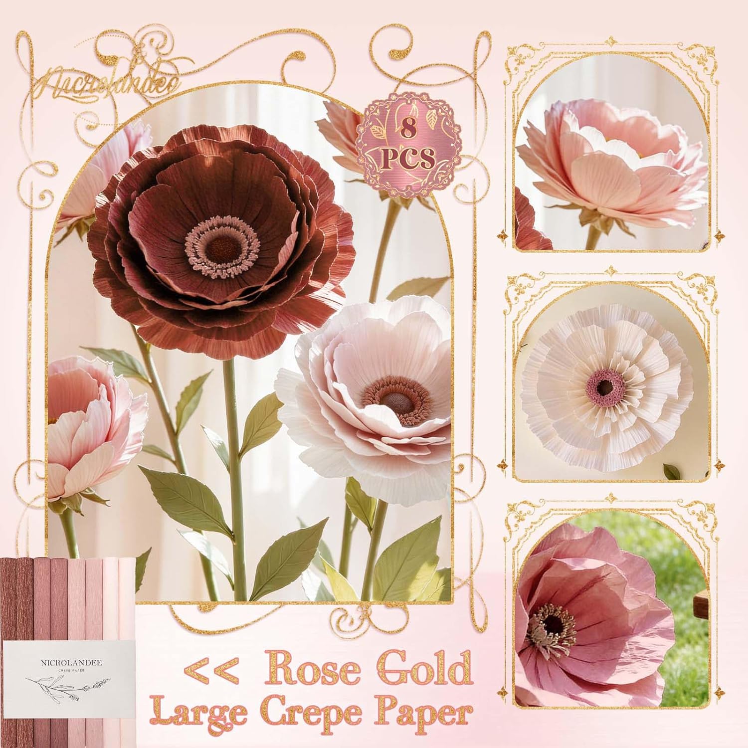 NICROLANDEE 8 Rolls Rose Gold Premium Crepe Paper Rolls for DIY Gift Wrapping Paper Crafts Birthday Wedding Holiday Paper Flower, 20 inches Wide by 6.56 ft Long, 4 Colors