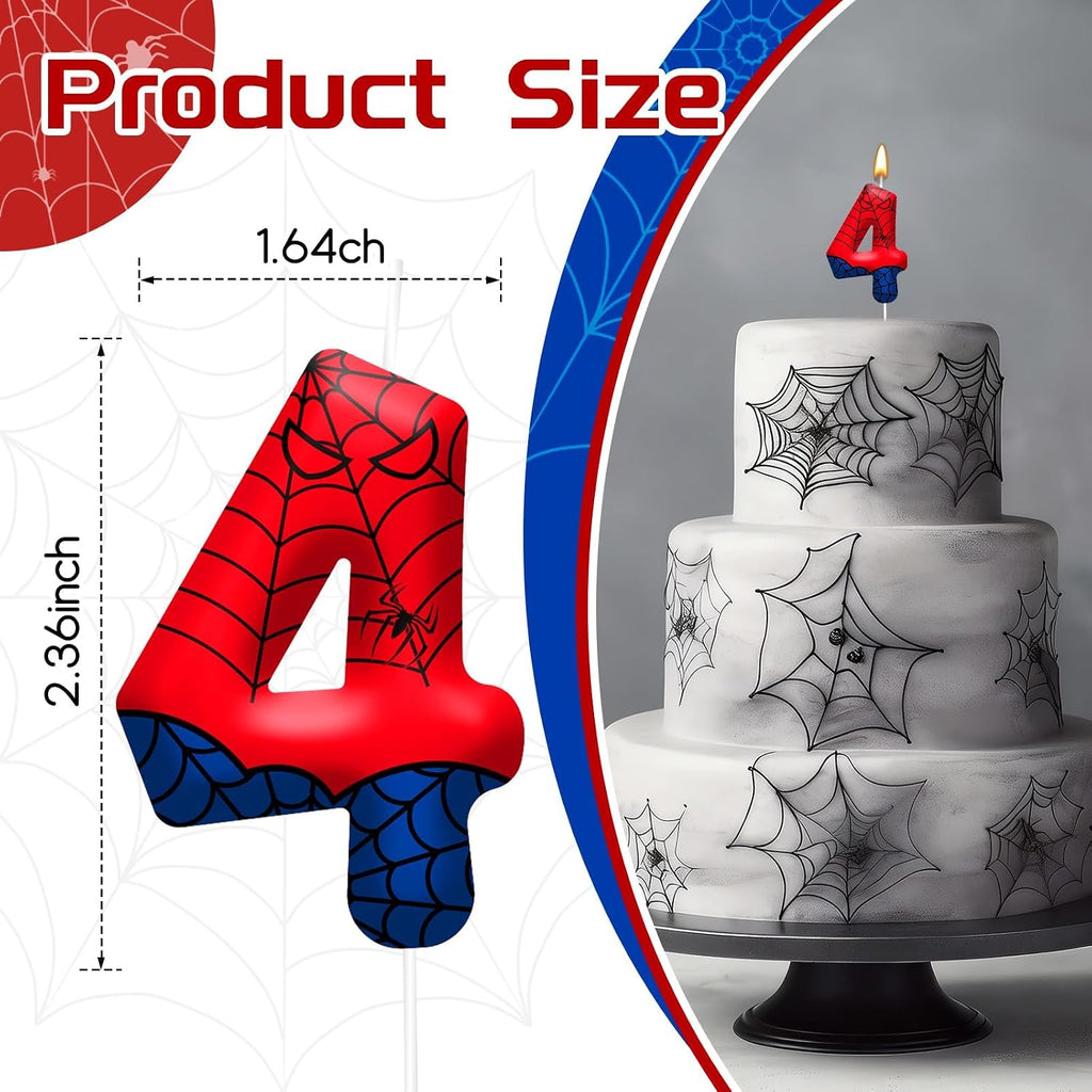 Spider Birthday Candles Number 4, Themed Cake Party Decoration | Red Blue Spider Web Number 4 Cake Candle Topper, Decor for Birthday Celebrations, Party Favors and Themed Gathering Supplies