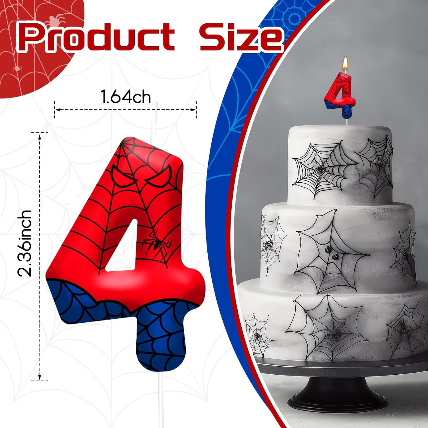 Spider Birthday Candles Number 4, Themed Cake Party Decoration | Red Blue Spider Web Number 4 Cake Candle Topper, Decor for Birthday Celebrations, Party Favors and Themed Gathering Supplies