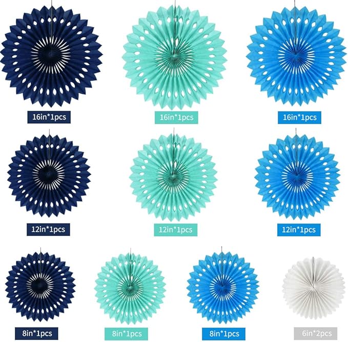 BEISHIDA Blue White Hanging Honeycomb Round Paper Fans Decoration Kit for Baby Boy Shower 1st Birthday Navy Ocean Wedding Under The Sea Theme Photo Booth Backdrops Paper Party Supplies（11packs）