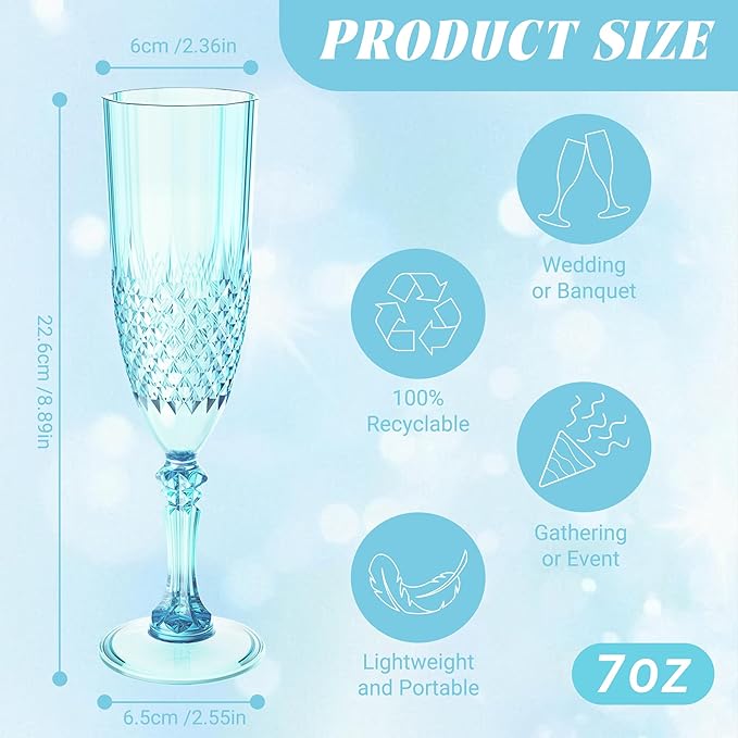 Plastic Champagne Flutes, 12PCS Light Cyan Wine Glasses Goblets Cups Reusable Flute, for Weddings Bachelor Parties Toasting and Events(12, Light Cyan)