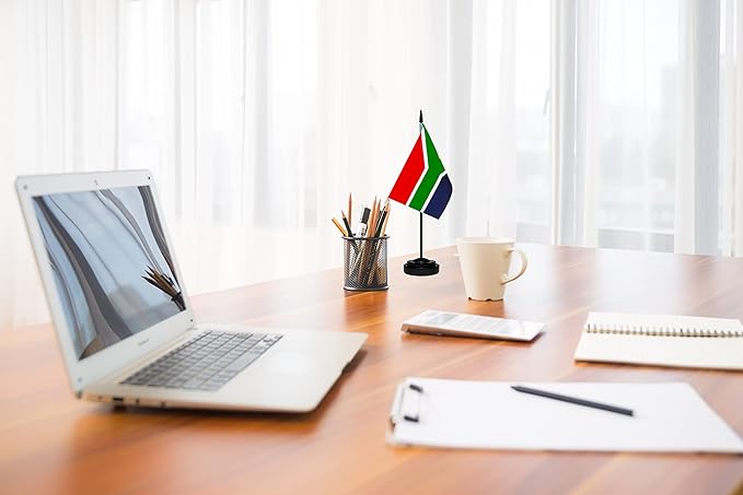 South Africa South African Deluxe Desk Flag Set Small Mini Miniature South Africa South African Table Desktop Flags With Solid Pole, Black Base and Spear Top(2 Pack)