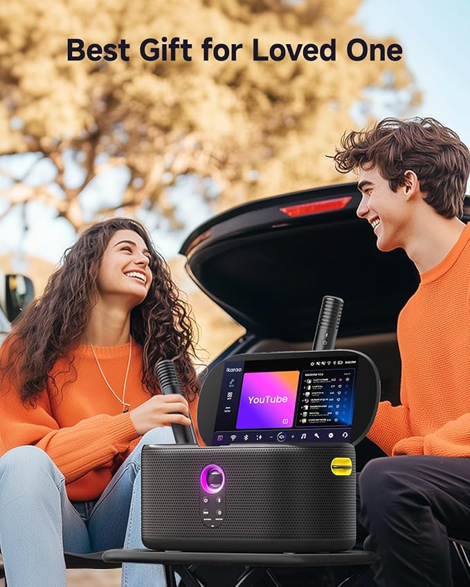 Ikarao Karaoke Machine with Lyrics Display Screen, KaraFun Prime, EQ, Autotune, Connect to TV, 2 Self-Charging Wireless Microphones, Karaoke System for Adults Kids, Portable Bluetooth Speaker for Home