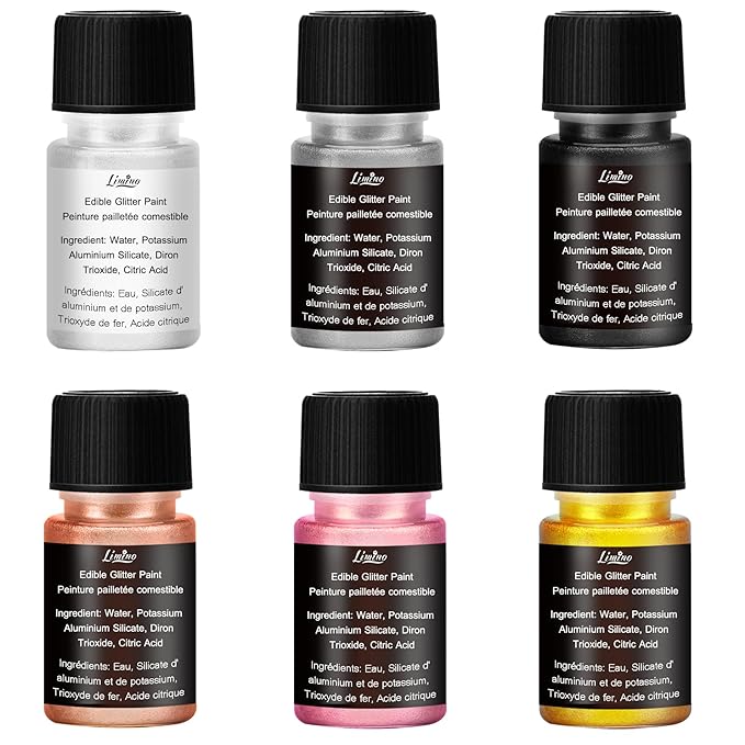 Edible Glitter Paint - 6 Colors Food Grade Metallic Glitter Cake Paint for Cake Decorating, Baking, Cupcakes, Cookies - Shimmer Art Decorative Liquid Edible Paint Food Coloring for Fondant, Donuts