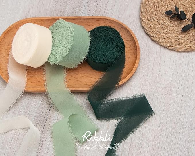 Ribbli Green Ribbon 1 Inch x 3 Rolls Total 24 Yards Ivory/Sage/Forest Green Handmade Fringe Chiffon Silk Ribbon for Wrapping Wedding Invitations Bridal Bouquets DIY Crafts Home Decor