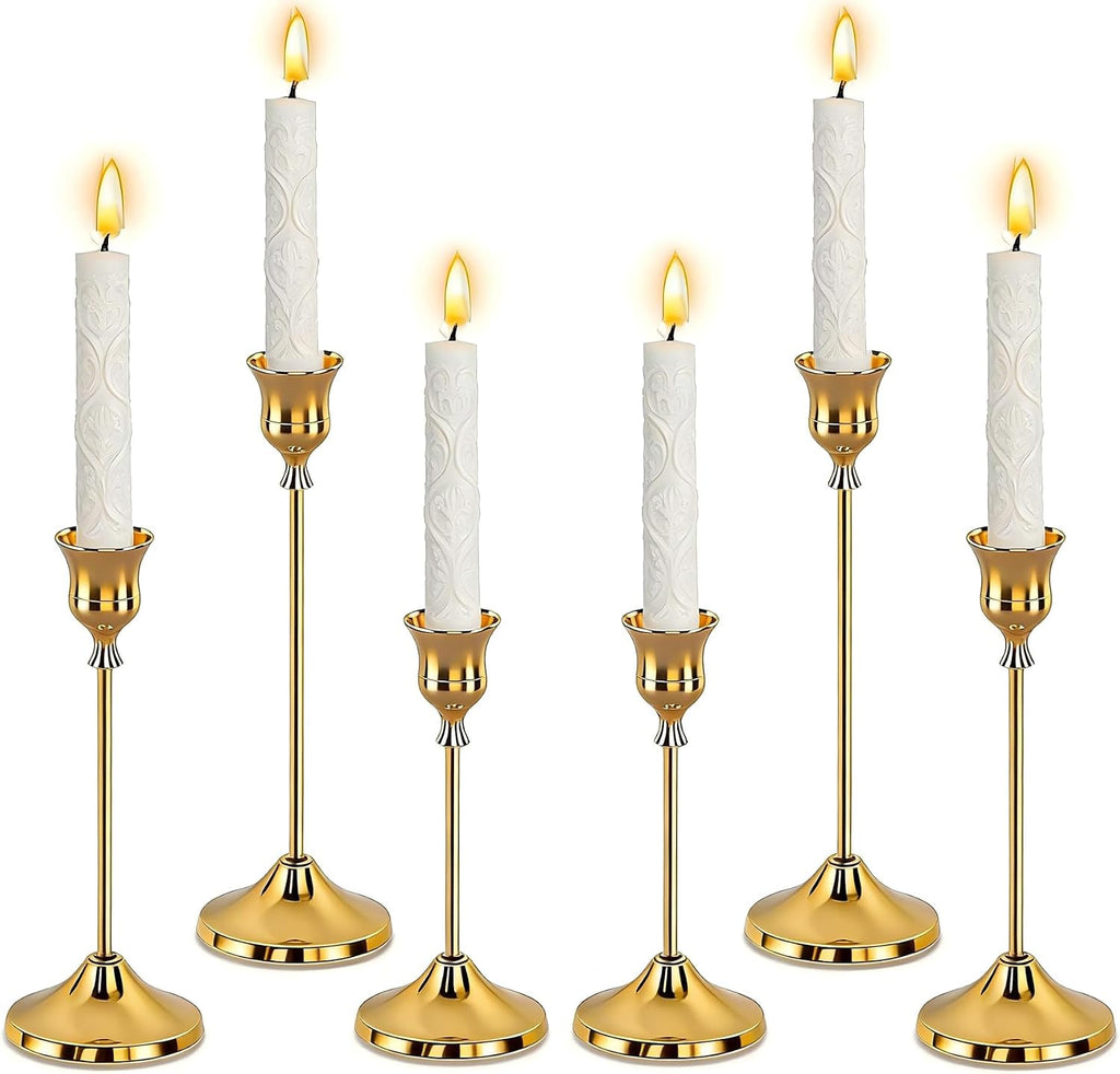 SHDSL Gold Candlestick Holders, Taper Candle Holders, Set of 6, Metal Taper Candle Stick Holders, Vintage Christmas Brass Home Decor for Table, Room Decorations Housewarming