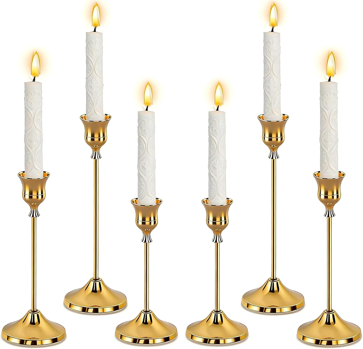 SHDSL Gold Candlestick Holders, Taper Candle Holders, Set of 6, Metal Taper Candle Stick Holders, Vintage Christmas Brass Home Decor for Table, Room Decorations Housewarming
