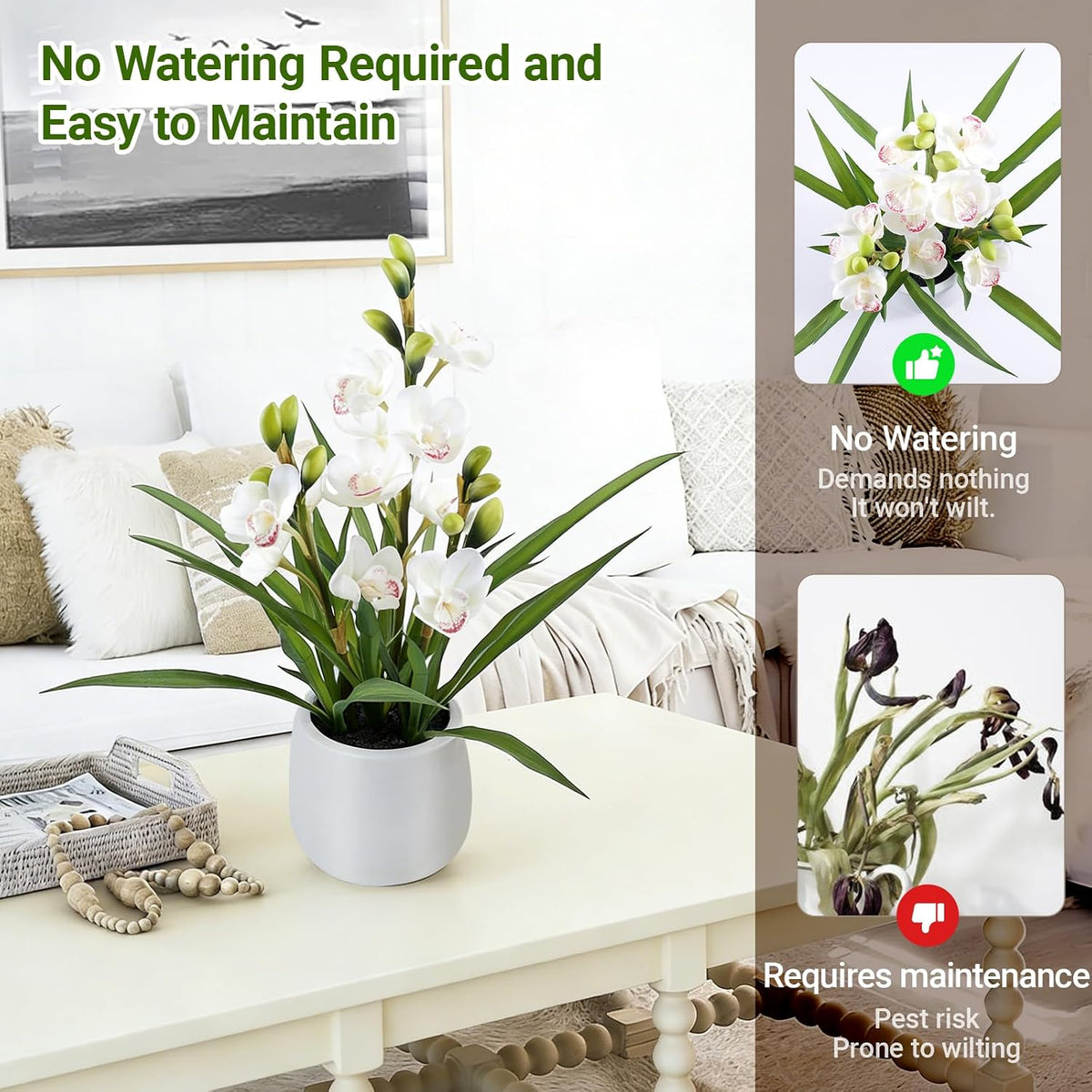 faux orchid plant 19" tall, realistic touch leaves, side view