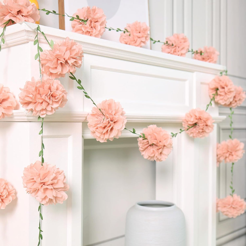 Pink Tissue Paper Pom Pom Garlands, Paper Flowers for Birthday Decorations, Baby Shower, Wedding Engagement, Bridal Shower, Spring Summer Party Decorations, 2 Pcs