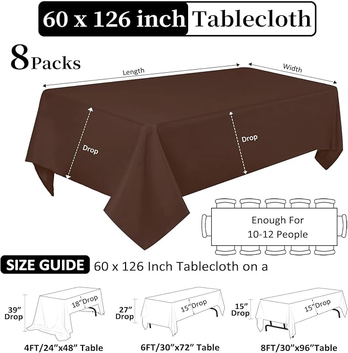 8 Pack Brown Table Cloth 60 x 126 Inch Rectangular Tablecloths for 8 Foot Rectangle Tables, Wrinkle Resistant Brown Tablecloth Washable Polyester Fabric for Buffet Wedding Party Banquet