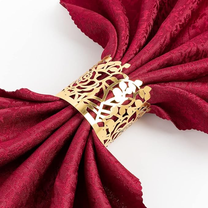 100pcs Disposable Rose Flower Paper Napkin Rings Laser Cut Foil Paper Napkin Holder, Leaf Vine Serviette Rings for Table Decoration,Christmas,Wedding,Party (Gold)