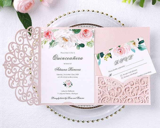PONATIA 5.12 x 7.2 Inches 20PCS Tri-Fold Laser Cut Wedding Invitation Pocket with Envelopes for Wedding Bridal Shower Engagement Birthday Invite (Blush Pink, 20pcs No Inner Sheet)