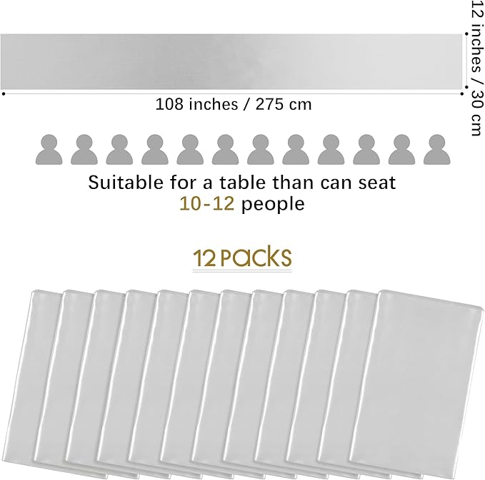 Aneco 12 Pack Satin Table Runner 12 x 108 Inch Light Silver Long Wedding Satin Silk Table Runner for Wedding Banquet Graduations Birthday Party Decoration