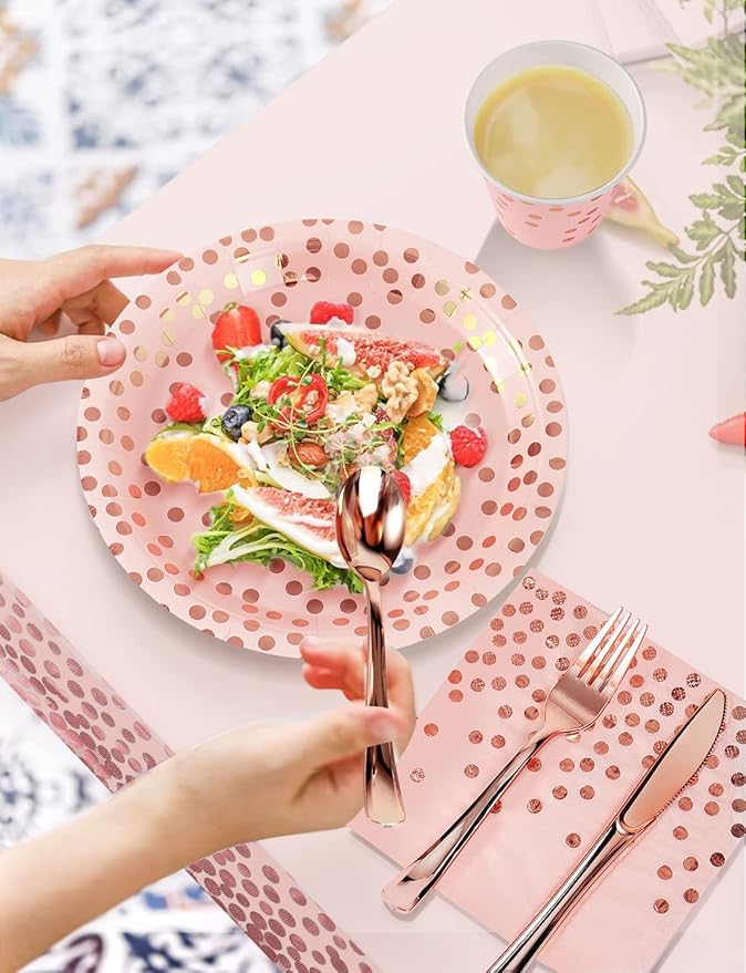 141 Pieces Pink and Rose Gold Party Supplies, Party Dinnerware Sets Include Paper Plates Napkins Cups Silverware, for Wedding Bridal Shower Engagement Birthday Parties Decoration -20 Serves