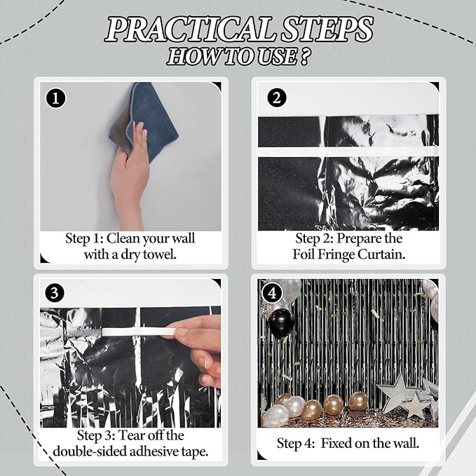 3 Pack Foil Fringe Backdrop - Laser Black Shiny Tinsel Curtains for Party Decoration/Photo Booth Props - 3.3x8.2 FT Metallic Foil Backdrop for Birthday, Wedding, Graduation, Christmas.