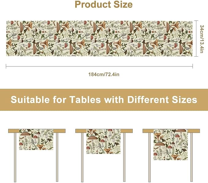 Mushroom Table Runner,Vintage Forest Flower Plant Print Table Runner for Kitchen Dining Table Home Party Decoration 13x90 Inch