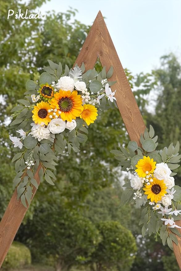 Faux Flower Swag Set of 2 for Wedding Welcome Signs Floral Swag Wedding Reception Ceremony Signs Decor (Sunflower & White)