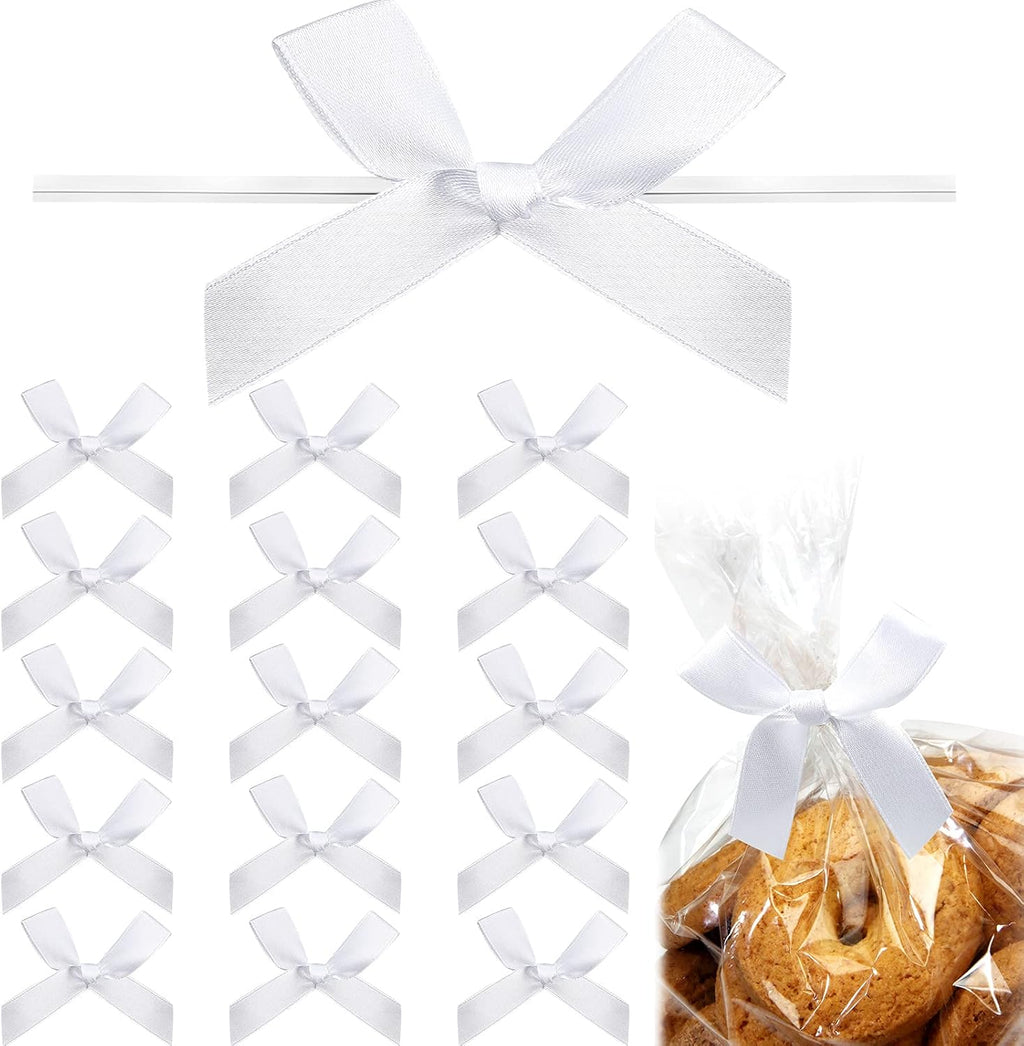 Gejoy 100 Pieces 2.6" Solid White Mini Twist Tie Bows for Gift Wrapping Pretied Satin Ribbon Bows Bags DIY Crafts for Wedding Birthday Graduation Party Favors Gift Candy Treat Cake Pop Decoration