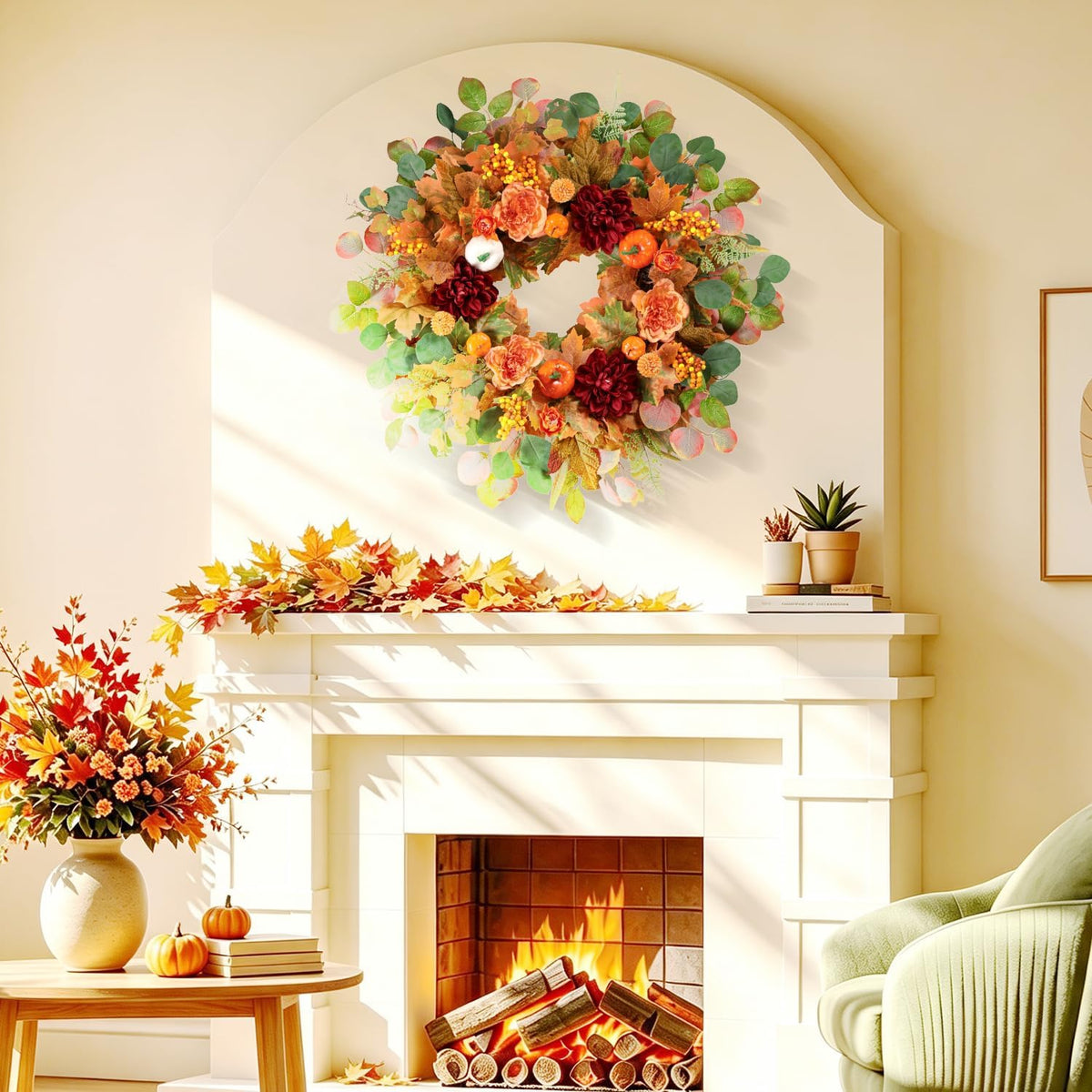 26 Inch Fall Wreaths for Front Door with Orange Camellia & Burgundy Dahlias