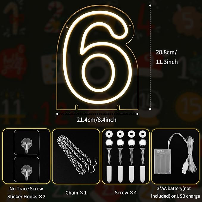 Number 6 LED Neon Sign Backdrop Birthday Party Decoration, 11.3" 11.3" Height Warm White Marquee Six Numbers Light Up Sign for Wedding Anniversary Window Wall Table, Indoor Battery Operated or USB