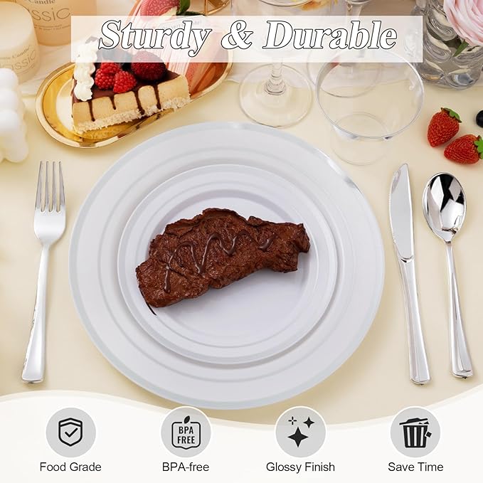 200PCS Silver Plastic Plates Set, 100 10.25 inch Dinner Plates and 100 7.5 inch Dessert Plates, Premium Disposable Plates for Party, Wedding