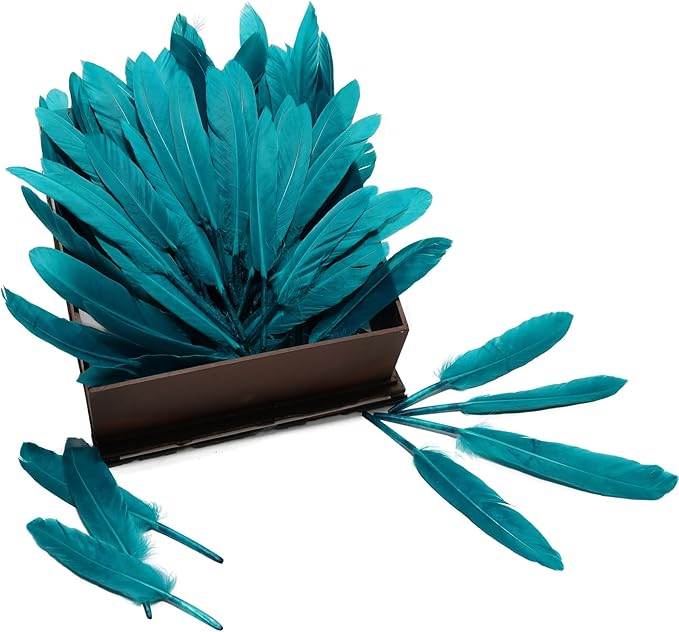 FeelfunFeather 120pcs Peacock Blue Goose Cochettes Feather Natural Bulk 4-6 inch 10-15cm for Wedding Party Christmas Decorations DIY Crafts Goose Cochettes Feather