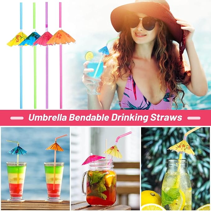 Paxcoo 100pcs Umbrella Straws - Hawaiian Luau Party Straws for Drinks Decorations (Assorted Colors)