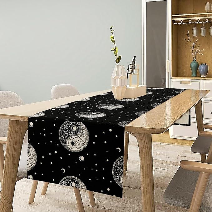 Mystical Celestial Table Runner, Vintage Bohemian Black Yin Yang Symbol Moon Stars Print Table Runner for Office Kitchen Dining Wedding Party Home Coffee Table, 13x120inch