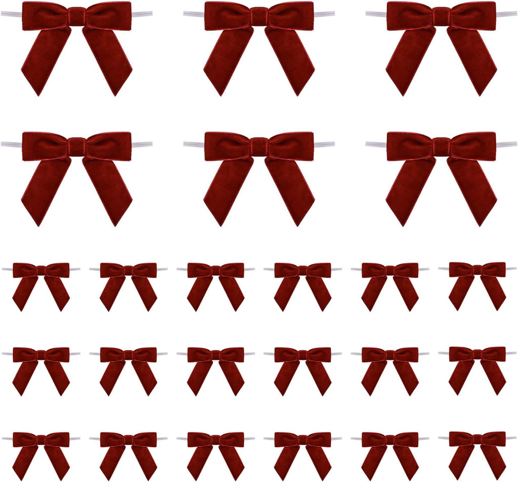 Christmas Bows - 24 Pcs Burgundy Velvet Bows for Christmas Tree, Wreath, Gift Wrapping, Crafts, Wedding, Party, Twist Tie Bows for Treat Bag Bakery Candy Bags, Home Decor (Burgundy)