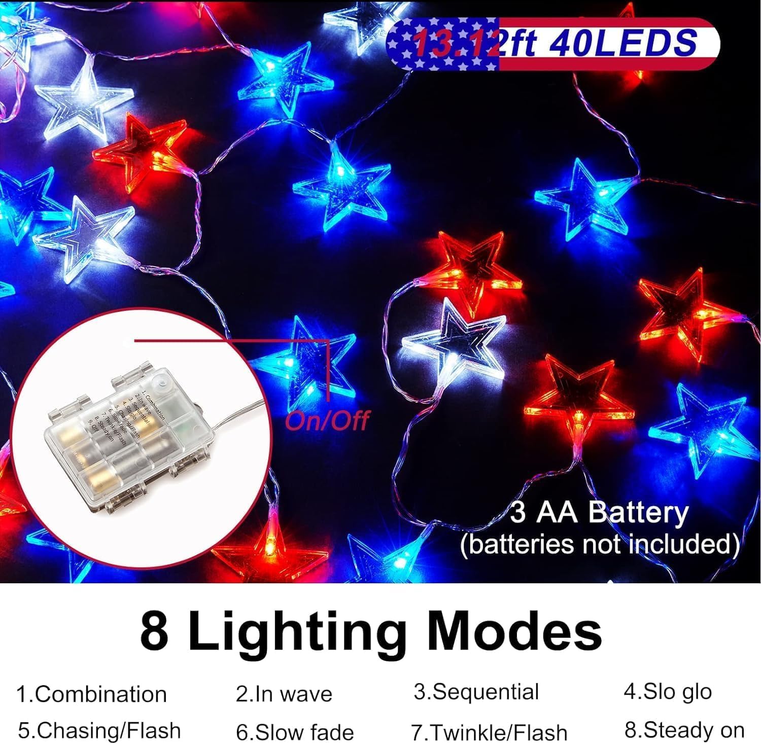 Dirnun 4th of July Decorations Red White and Blue Lights with 40 Led Big Stars, 4th of July Lights for Indoor Outdoor Home Garden Golf Cart Patriotic Theme Memorial Independence Day Decorations
