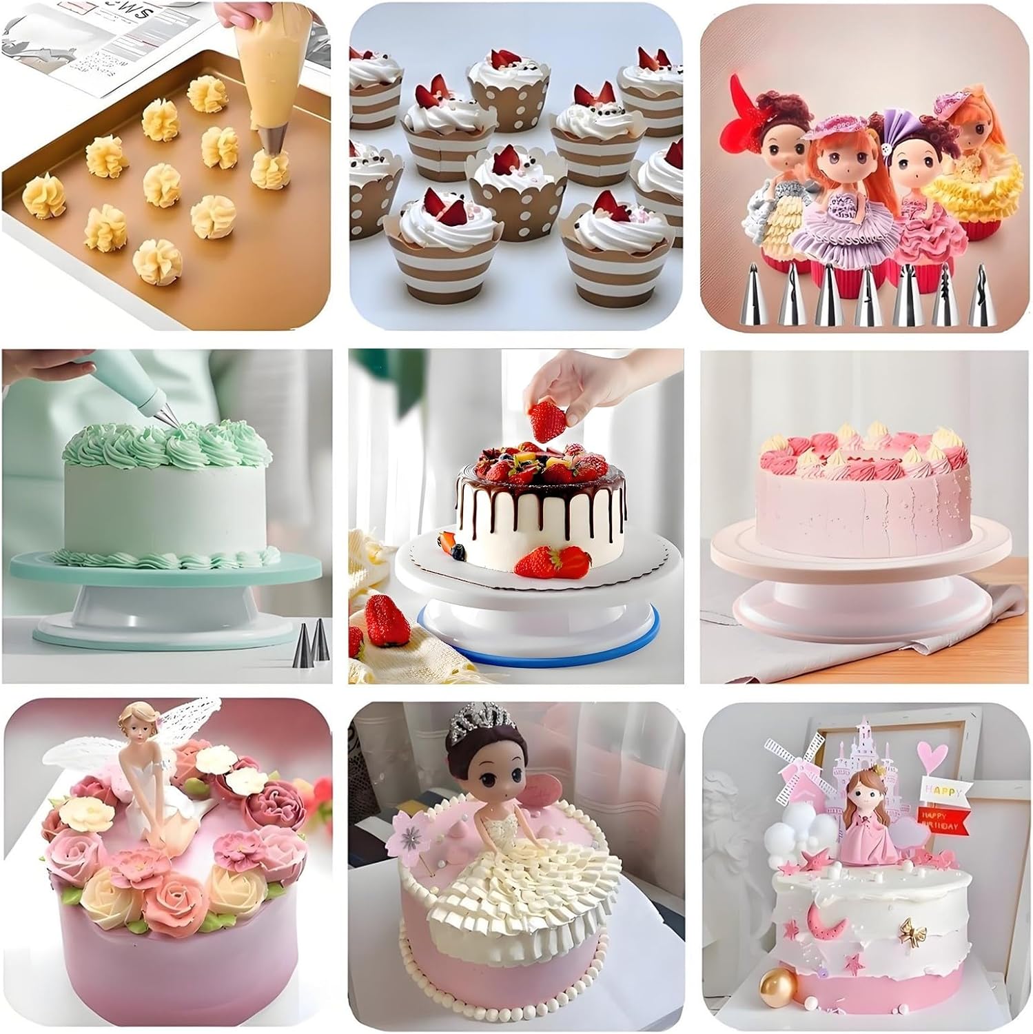 Cake Decorating Kit, 390 Pcs Baking Supplies (Pink) | Cake Turntable, Leveler, 55 Numbered Icing+Skirt Tips, 2 Spatulas, 3 Scrapers, 100 Pastry Bags,150 Cupcake Liners & More