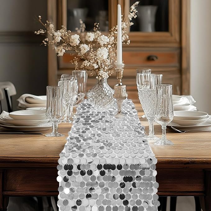 VHH Sequin Table Runner 12 x 108 inches Silver Table Runner, Glitter Runner for Party Wedding Birthday, Party Spring Easter Rustic, Birthday Supplies Decorations (1 Pack).
