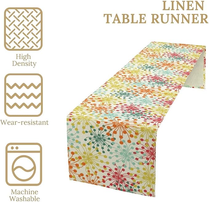 Mid Century Flower Table Runner, Colorful Geometric Abstract Chrysanthemum Vintage Farmhouse Decorations Orange Yellow Gray Table Runner for Kitchen Dining Holiday Party Decor, 13x108 Inch