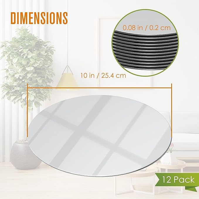 Houseables Mirror Centerpieces for Tables, Round Mirrors for Centerpieces, Mirrored Trays, Round Table Plate Tray, Circle, Glass Charger, Wedding, Center Piece, Small, Base, Candle, 10 Inch, 12 Pack