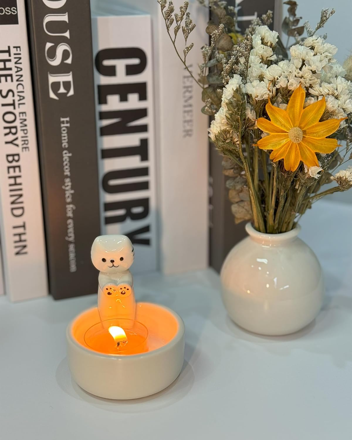 Cat Candle Holder with 4 Scented Tealight Candles & Free Keychain, Cute Ceramic Kitten Candlestick, Cartoon Cat Paw Candle Decor, Cat Lover Gift for Women, Home Aromatherapy Set
