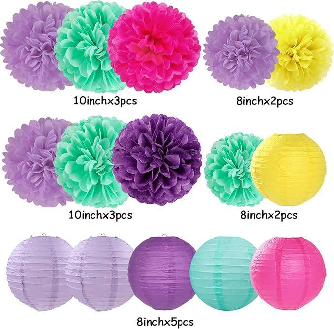 Hot-Pink Purple-Teal Yellow Paper-Flowers Lanterns - 15pc Kids Magic Theme Birthday Party Decorations Tissue Pom Poms Streamers,Bachelorette Bridal Baby Shower Engagement Wedding Decor Panduola