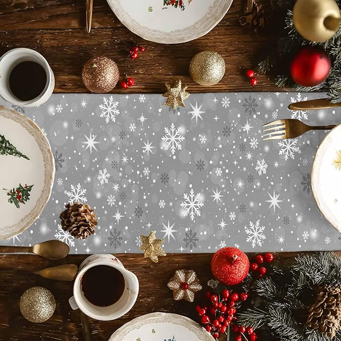 Christmas Snowflakes Cotton Linen Table Runner for Dining Kitchen, Xmas Tree Snow Winter Wedding Outdoor Party Tablerunners Decoration, Grey Balls Dresser Scarf Coffee Tablecloth Runners 13x36 Inches