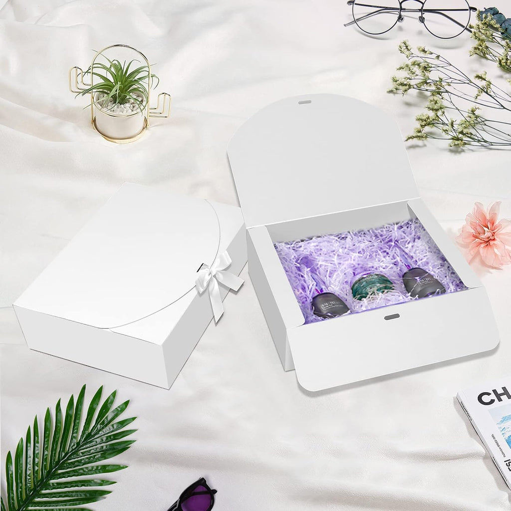 BoShahai 10 PCS Gift Boxes with Lids, 10.6x7.8x3.1 Inch Kraft Paper Gift Box, White with Ribbon, Bridesmaid Proposal Box for Wedding, Packaging, Present, Birthday, Cupcake