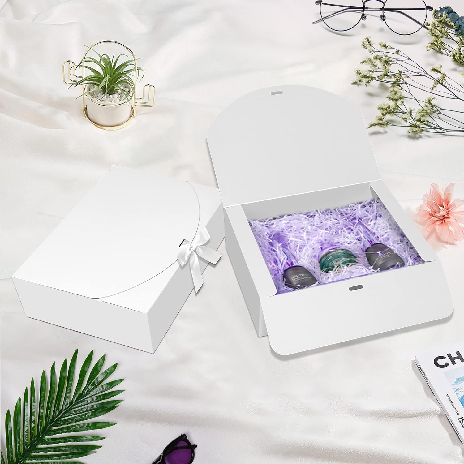 BoShahai 10 PCS Gift Boxes with Lids, 10.6x7.8x3.1 Inch Kraft Paper Gift Box, White with Ribbon, Bridesmaid Proposal Box for Wedding, Packaging, Present, Birthday, Cupcake