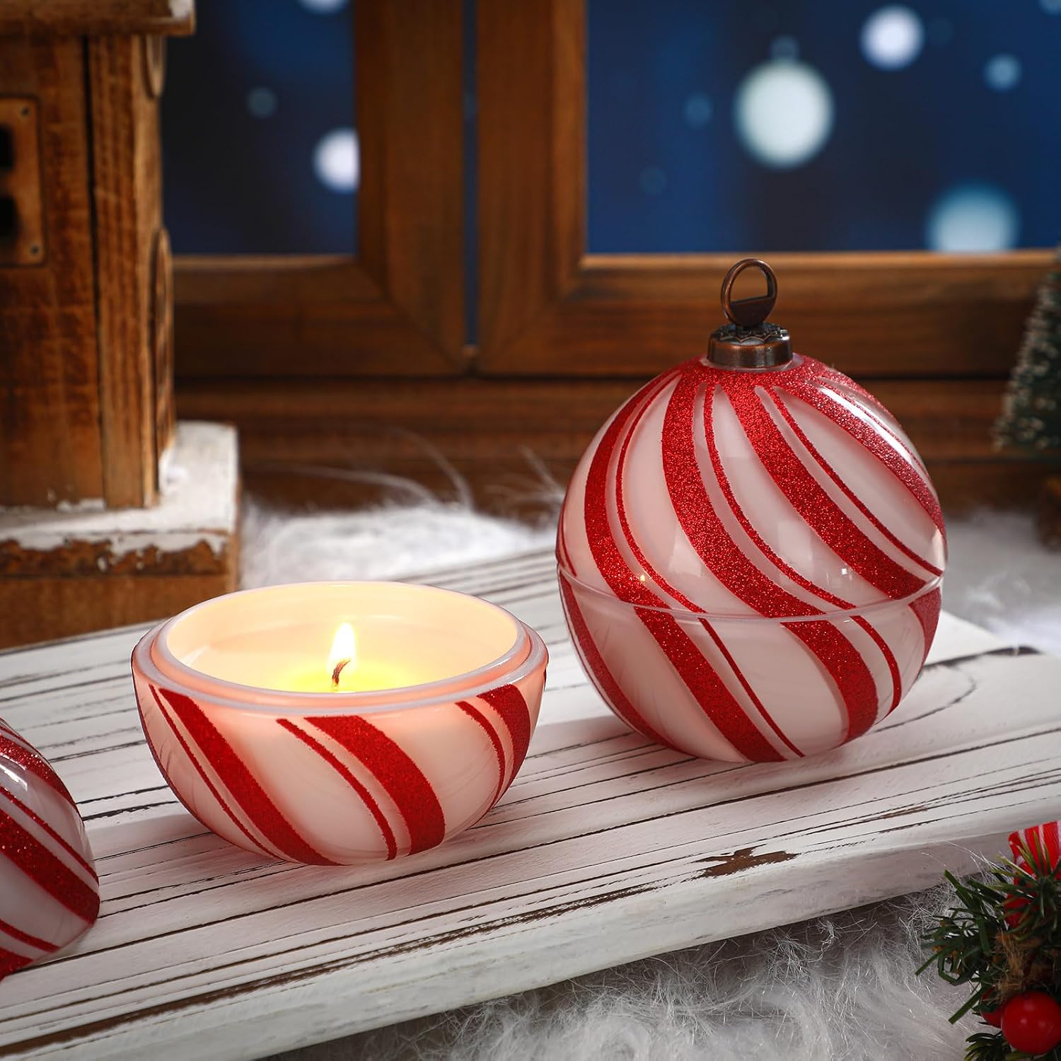 Conelist 2 Pcs Candy Christmas Ball Candles 3.9 Inch Red and White Christmas Ornament Candle Decor Cinnamon Scented Mercury Glass Xmas Table Decorations for Holiday Party Gifts