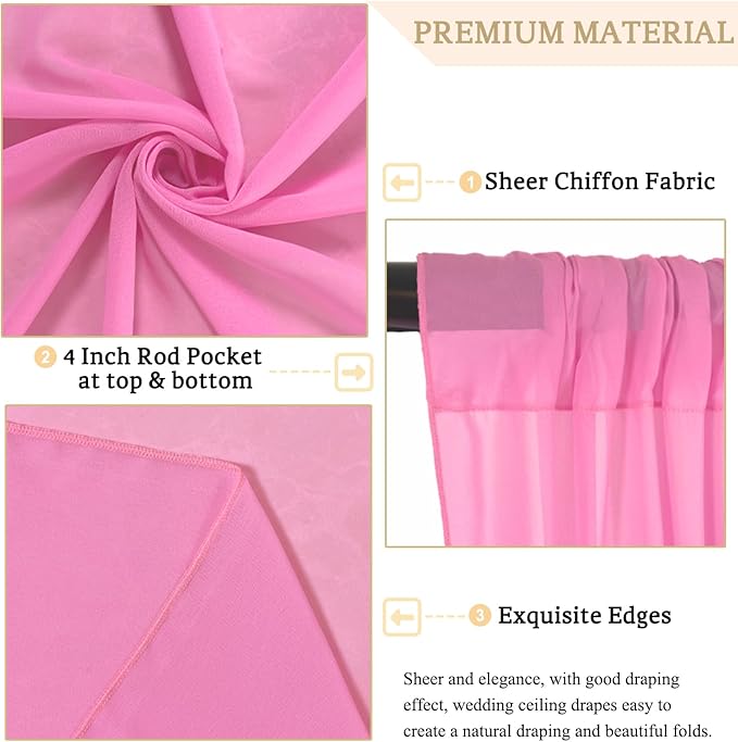 MODFUNS Pink Wedding Drapes 5x30ft 2 Panels Wedding Arch Draping Fabric Chiffon Semi Sheer Drapery Curtain Ceiling Covering Fabric for Party Banquet Decorations