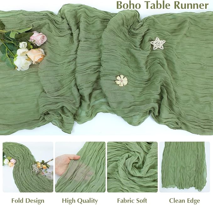 Olive Green Cheesecloth Table Runner -21*120Inch Long Boho Wedding Table Decor, Rustic Gauze Fabric Runner for Bridal Showers, Baby Showers & Parties (Sheer, Lightweight, Wrinkled Design)