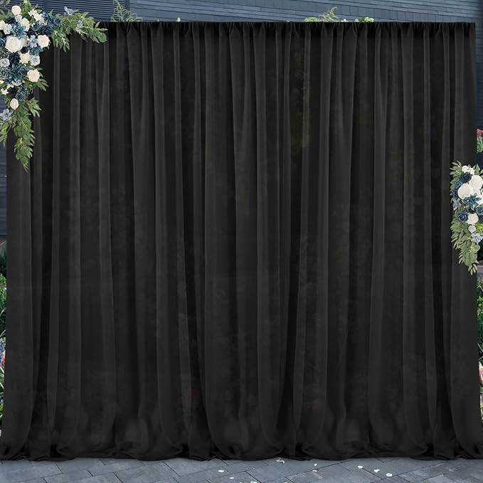 PARTISKY 10ftx7ft Black Chiffon Backdrop Curtains, Wrinkle-Free Sheer Fabric Photo Drapes for Wedding Ceremony Arch Birthday Baby Shower Photography Stage Decor 5ft x 7ft, 2 Panel