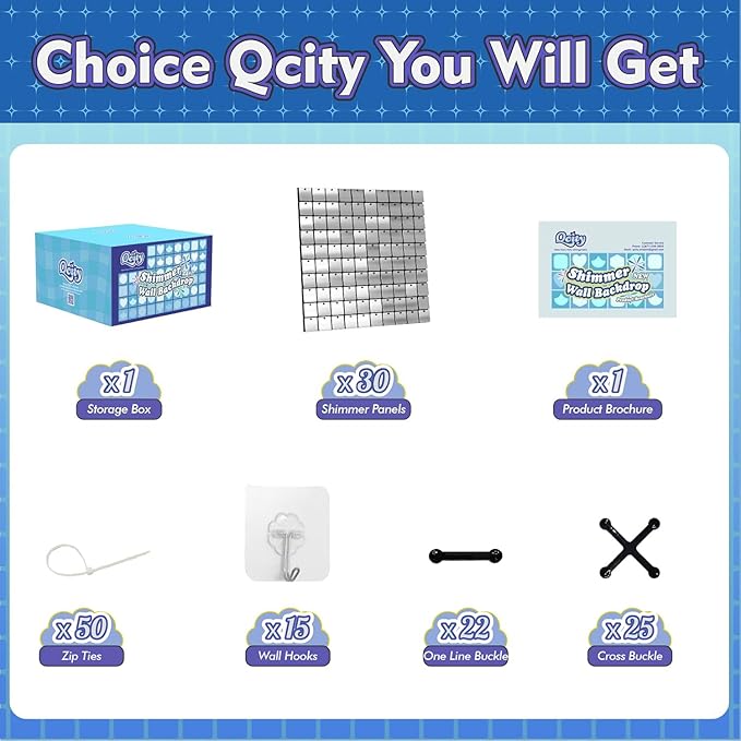 Qcity Silver Shimmer Wall Backdrop 30PCS, Black Back Not See-Through Design, Square Sequin Glitter Backdrop Panel, Perfect for Outdoor Events, Birthdays, Wedding and Party Decoration